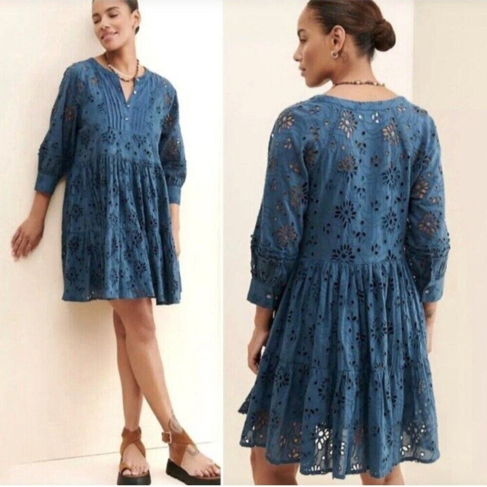 dRA Yara Teal 3/4 Sleeve Eyelet Cotton Dress Boho Sz M